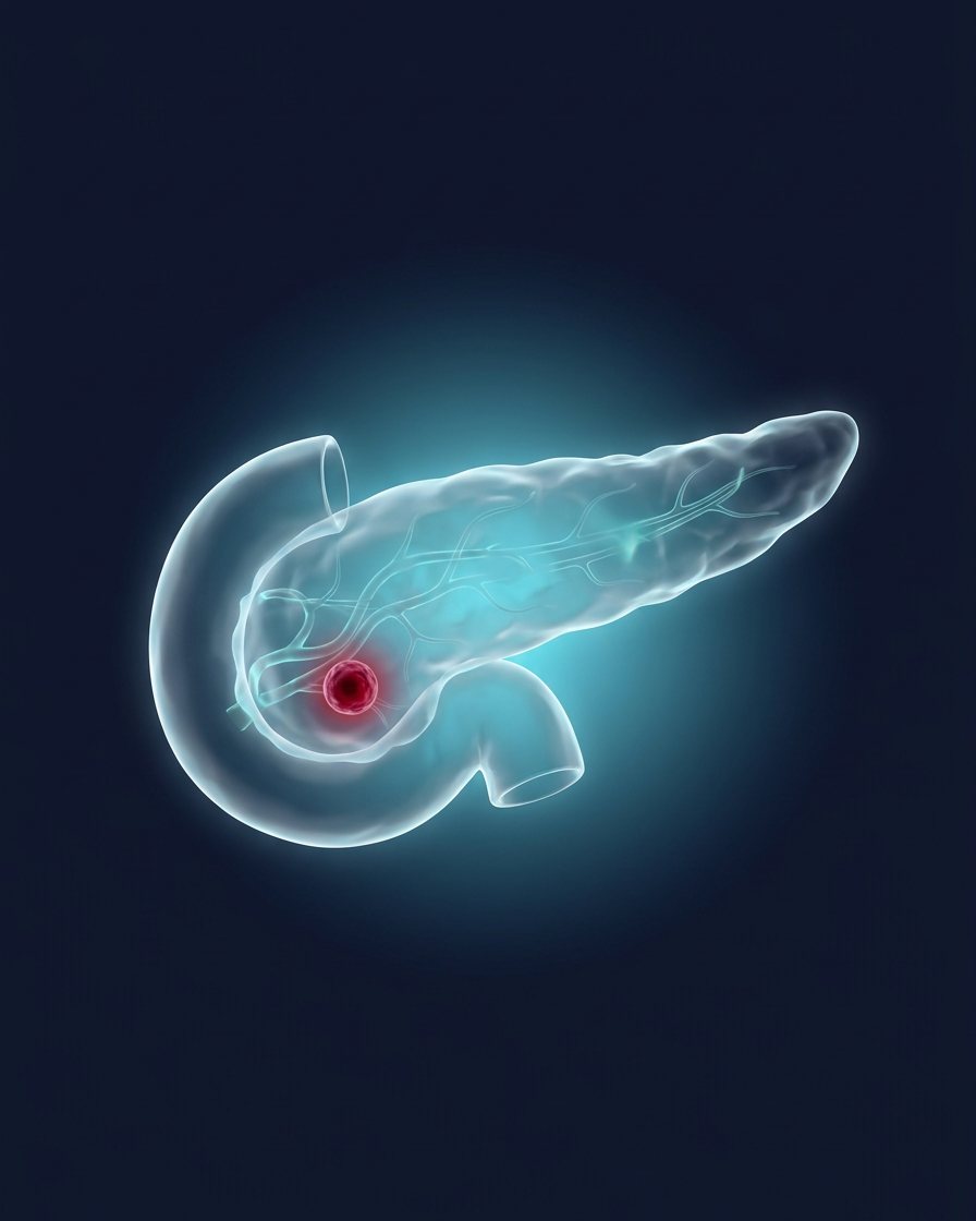 Translucent pancreas with a tumor highlighted in the head
