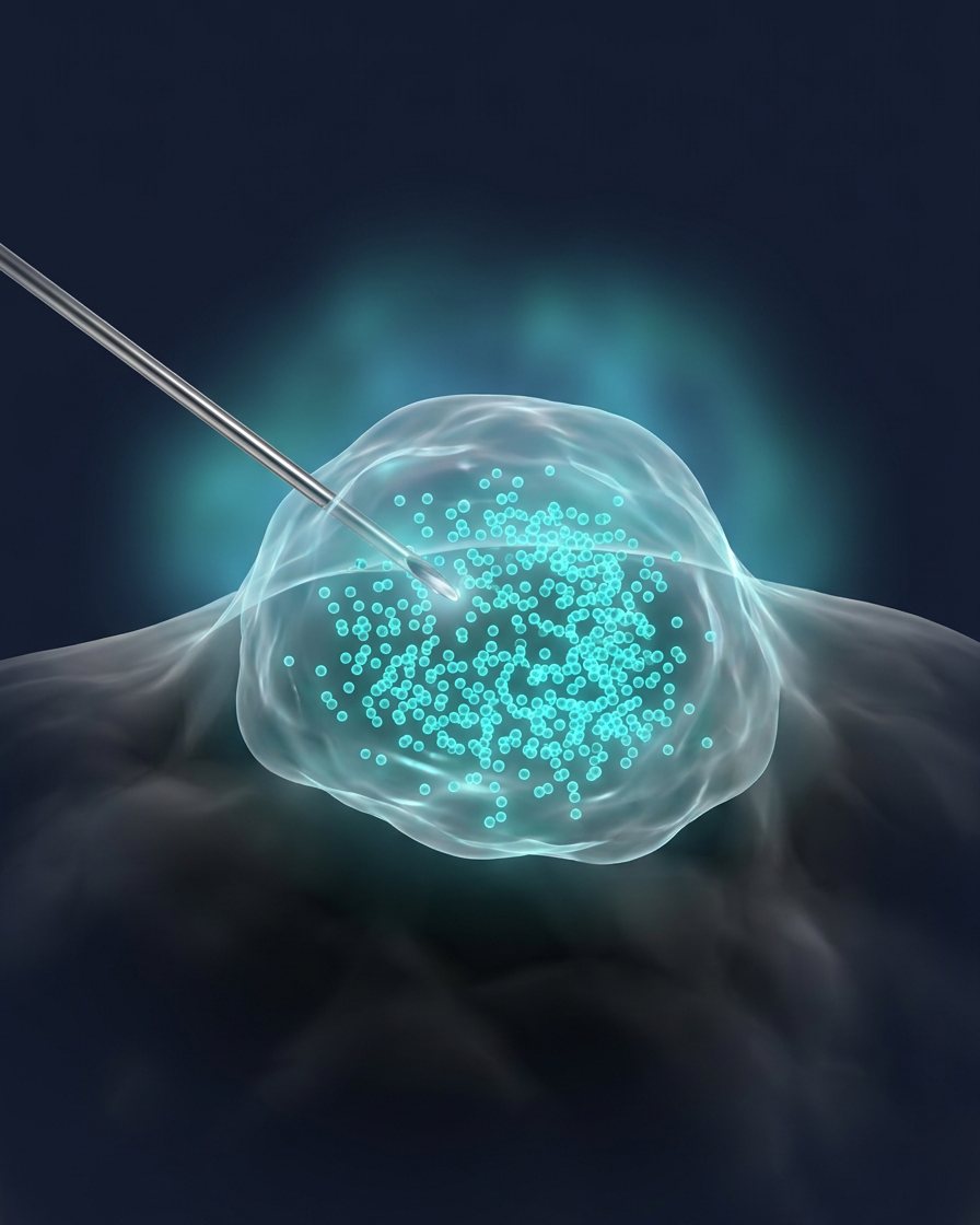 A fine needle delivering microspheres held inside a tumor