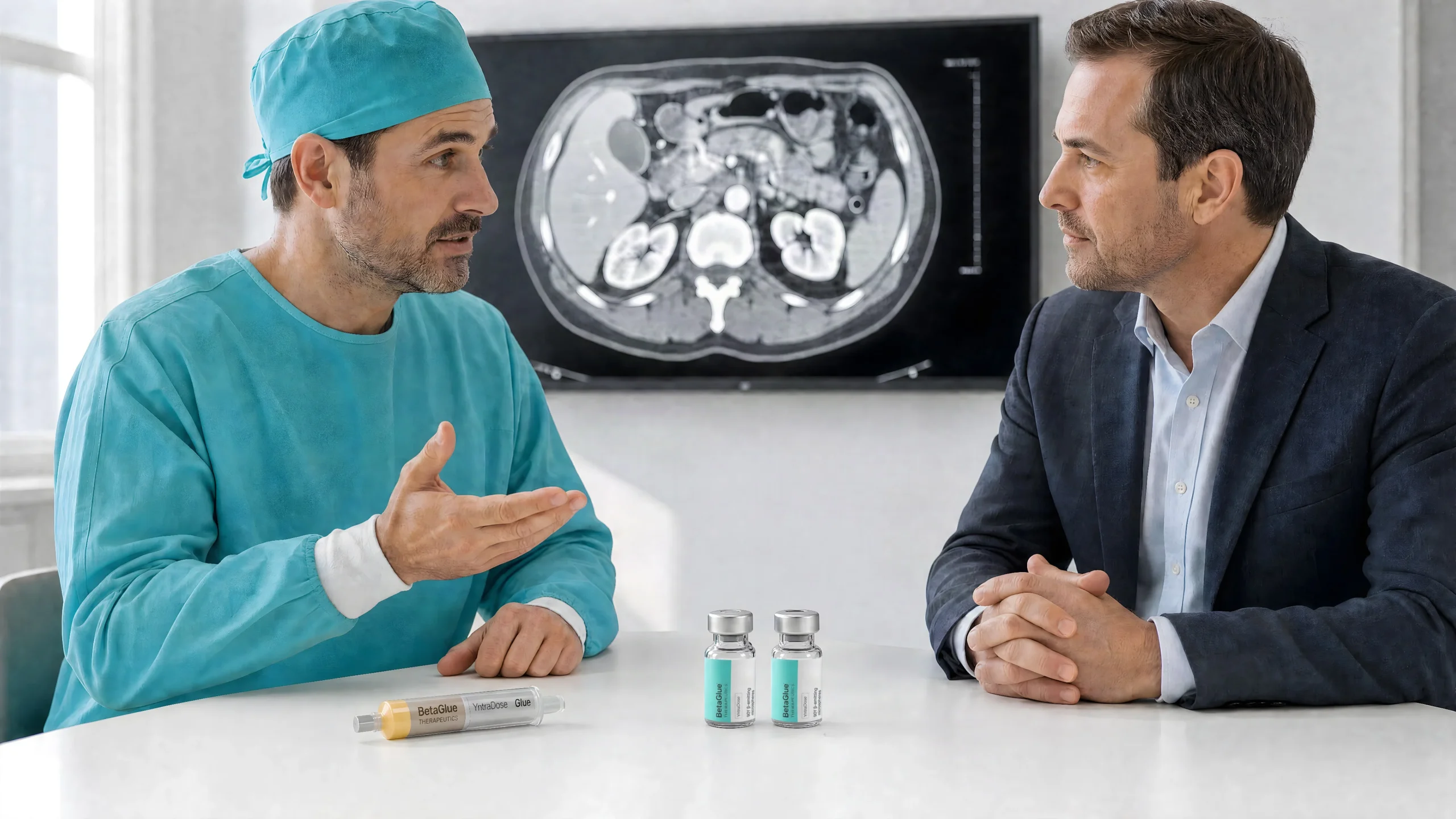 Interventional radiologist and oncologist discussing a YntraDose treatment in front of a CT scan